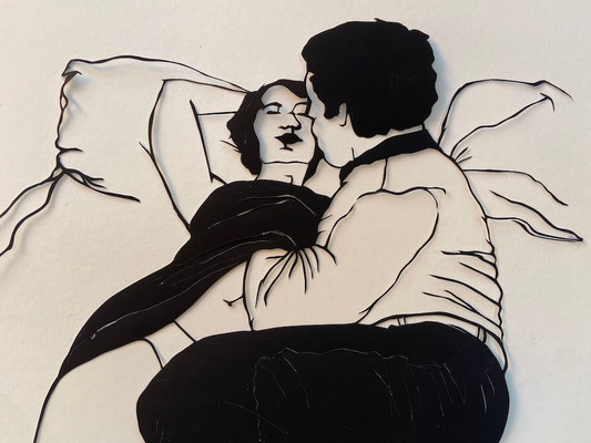 FRAUEN BRAUCHEN ABENTEUER: o.T. (Bett) 2022 Scherenschnitt 24 x 30 cm