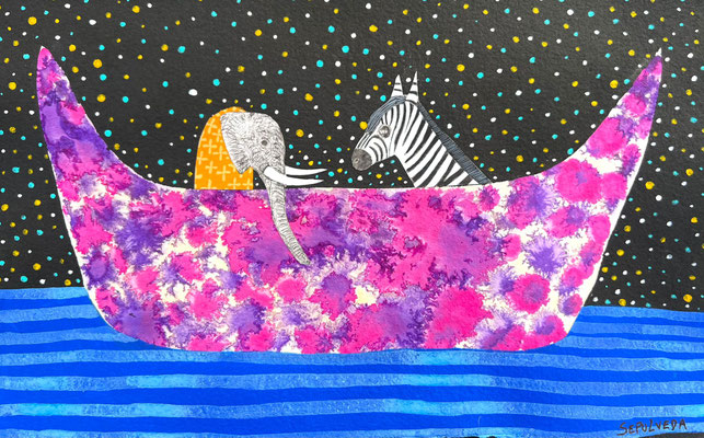 PROMENADE DE NUIT 3 2025 GRAFIK, COLLAGE, TINTE, ACRYL AUF PAPIER  26 x 42 cm