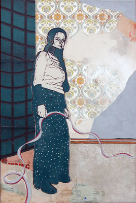 Selbst (Anprobe) 2018 Siebdruck / Tempera / Collage / Wachs auf Leinwand 120 x 80 x 2 cm