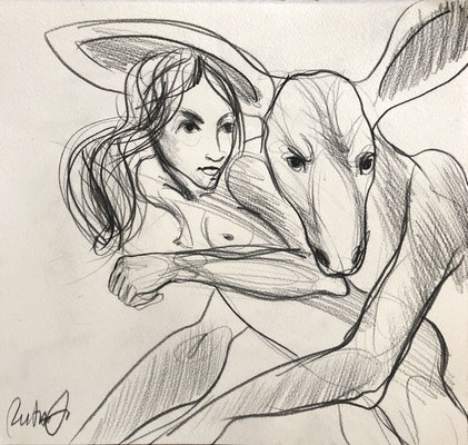 la fille et kangourou 2020 Bleistift auf Papier  27 x 29 cm 