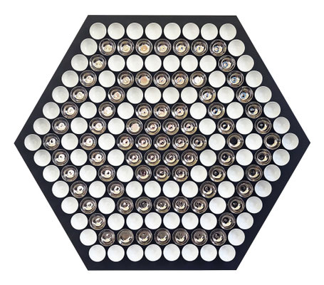 Wabe 2019 Glasiertes Porzellan und Platin auf pigementierter Holzfaser, 169-teilig  123 x 100 x 5 cm