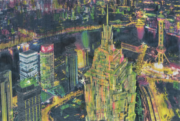 Shanghai (Aus dem Bilderbuch "Der Vogel") 2018 Bleistift, Buntstift und Ölfarbe auf Transparentpapier  38 x 56 cm