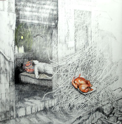 Schlafende Frau, 2013, Bleistift/Buntstift auf Papier, 150 x 150 cm