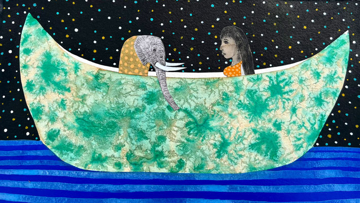 PROMENADE DE NUIT 1 2025 GRAFIK, COLLAGE, TINTE, ACRYL AUF PAPIER  26 x 42 cm