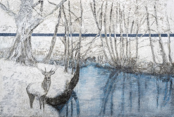HIRSCH AM SEE 2020 Paraffin und Acryl auf Pappe 100 x 150 cm