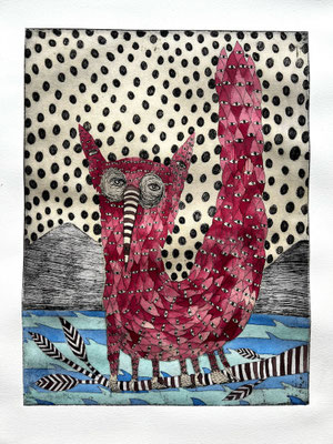 VERKAUFT !!! THE GUARDIAN 2025 eau forte rehaussée à la main // von Hand kolorierte Radierung  54 x 47 cm