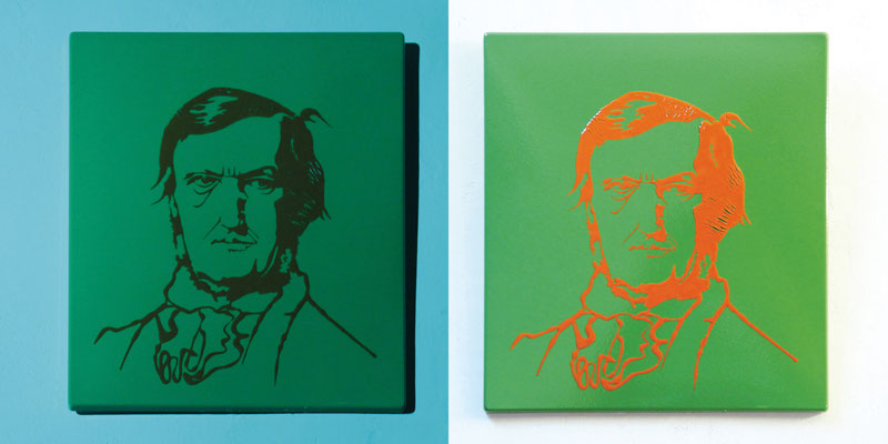 Ich mag Wagner # 3 Wagner: Positiv/Negativ (Ausleuchtung mit blauem Spotlight + Normallichtausleuchtung 2014 Industrieemaille auf Stahlblech  56 x 49 x 2 cm