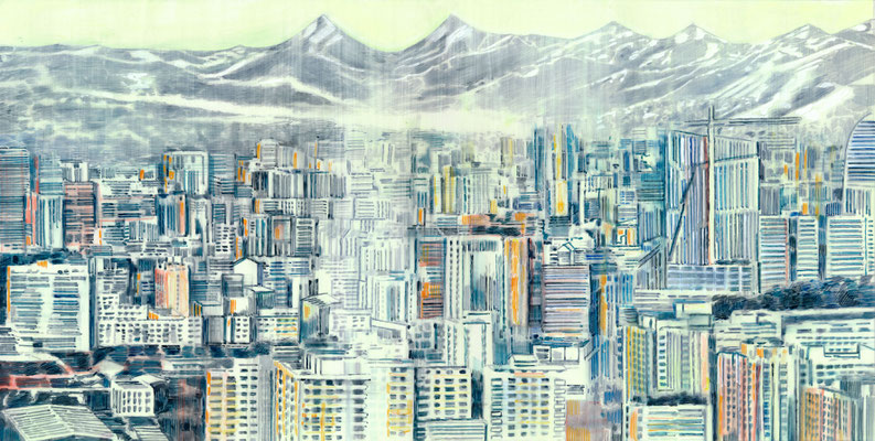 DIE RINGERIN I (aus dem Bilderbuch die Ringerin) 2020 Bleistift + Acryl auf Transparentfolie  31 x 59 cm