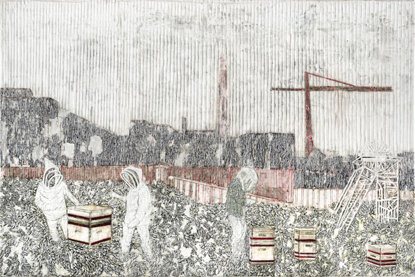 ÜBER DEN DÄCHERN 2021 Paraffin + Acryl auf Papier, gerahmt  100 x 150 cm