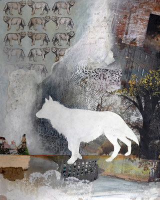 LE PETIT CHAPERON ROUGE III: DER WEIßE WOLF 2012 Zeichnung, Grafik-Collage, Wachs auf Papier, Holz  50 x 40 x 3 cm
