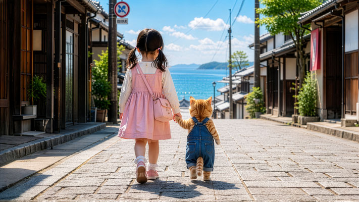 日本人の5歳くらいの女の子と、青いデニムのオーバーオールを着た茶トラ白の子猫が手をつないで歩いている後ろ姿。日本の美しい海辺の古い町並み、石畳の坂道、木造の町家が並ぶ風情ある街並み。坂の先には青く輝く海と空、遠くに島影。暖かな陽射しが降り注ぎ、二人の影が石畳に伸びる。女の子はピンクのワンピースと小さなショルダーバッグ。子猫は可愛らしいデニム姿。友情と冒険を感じる心温まる風景。フォトリアル、高品質、高画質、超高精細、シネマティックライティング、映画のワンシーン、8K、HDR、16:9横長構図。
