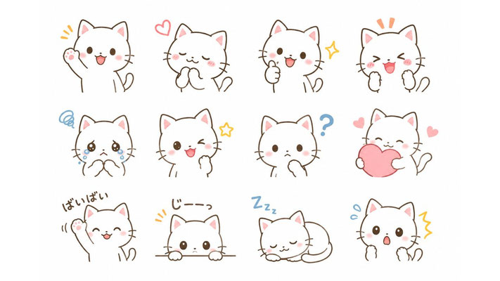 白い丸顔の子猫キャラクターのゆるかわ表情セット。手描き風のシンプルな線画、ピンクのほっぺ。手を振る、ありがとう、グッド、喜ぶ、泣く、ウインク、考える、ハートを抱く、ばいばい、のぞく、眠る、驚くの12ポーズ。ハートやキラキラ付き、LINEスタンプ風、パステルカラー、白背景、可愛いキャラクターシート、高品質、高画質、16:9。