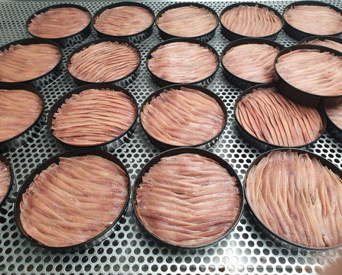 Tarrina Black de anchoas Bolado Gourmet abierta con varias anchoas sobre una tabla