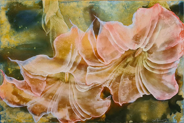 Zucchiniblüten, 2020, 100x140 cm, Mischtechnik auf Leinwand