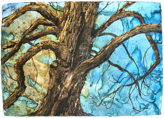 Kastanie im Vorfrühling Tusche und Acryl auf handgeschöpftem Papier, 2021, 100 x 140 cm