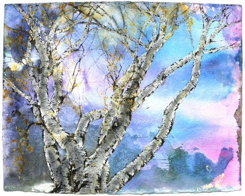 Birken blaue Stunde, Tusche und Acryl auf handgeschöpftem Papier, 110 x 140 cm, 2021