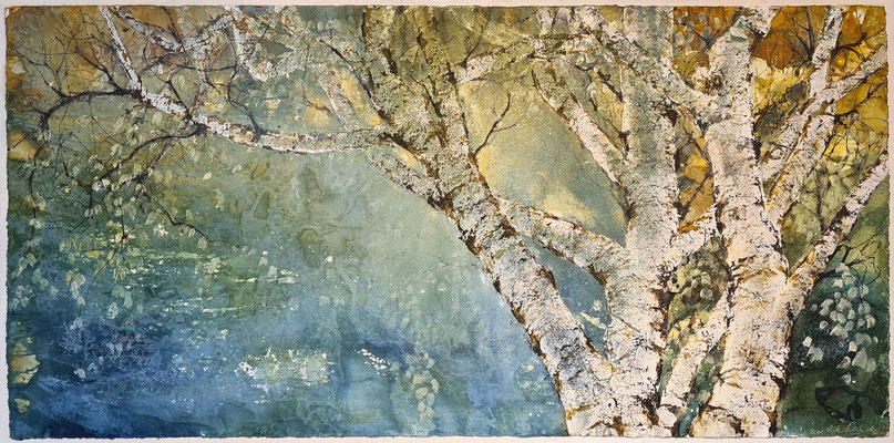 Birke am Wasser | Tusche, Acryl auf Papier, 180 x 90 cm, 2021