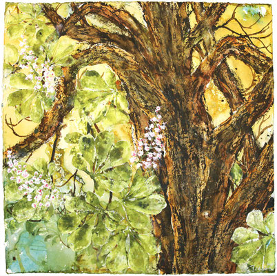 Kastanienblüte, 100 x 100 cm, Tusche und Acryl auf handgeschöpftem Papier, 2021