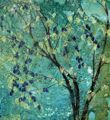 Junger Pflaumenbaum, 2019, 80 x 88 cm, Tusche und Acryl auf Papier auf Leinwand