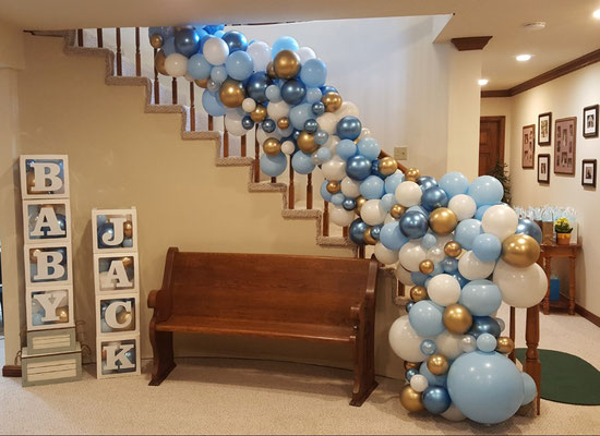 Air-filled balloon organic garland stairs rail baby blue white