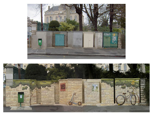 Avant après trompe l'oeil fausse pierre sur mur et édicules technique municipal- Le Perreux sur Marne