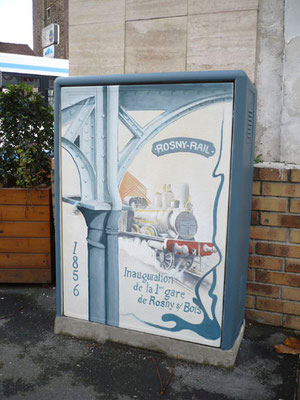 Illustration peinte sur édicule technique"la gare de Rosny"- Rosny sous Bois