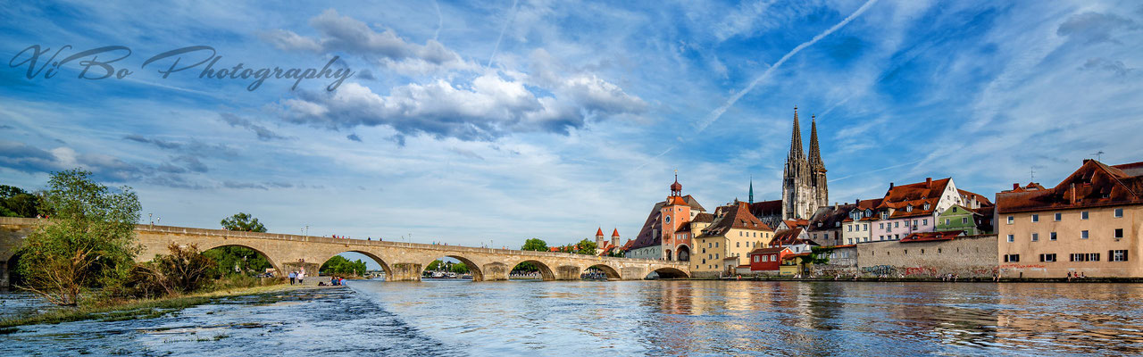 Regensburg Panorama, Dom und Stinerne Brücke bei Hochwasser