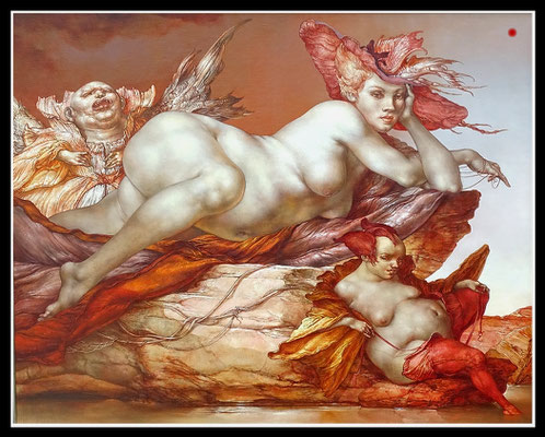 Vor den glücklichen Inseln: zwei Hexen nebst Engel 80x100, Öl/Hartfaser, 1990 - VERKAUFT