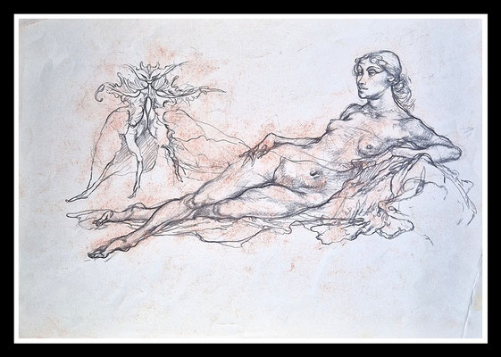 "Quellnymphe" (Bleistiftentwurf für ein Gemälde) Blattgröße 30cmx42cm, o.J. (mit Arbeitsspuren) 800,- EUR