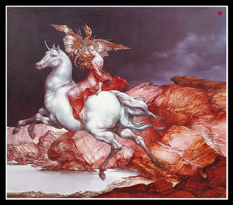 "Falknerin mit Archaeopteryx" 50x70cm, Öl/MP, 1992 - VERKAUFT
