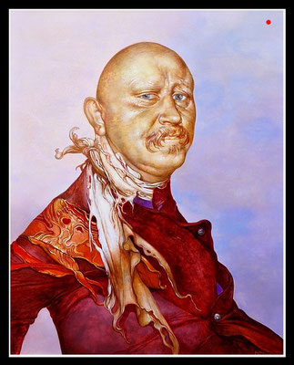 "Selbst, geschmückt mit einer Draperie aus Wundverband und Mallappen" 50x40cm, Öl/Hartfaser, 2007 - VERKAUFT