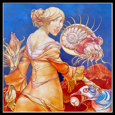 "Strandstück mit Nachtmöve (Creagrus furcatus)" 50x50cm, Öl/Hartfaser, 2017 - Preis auf Anfrage