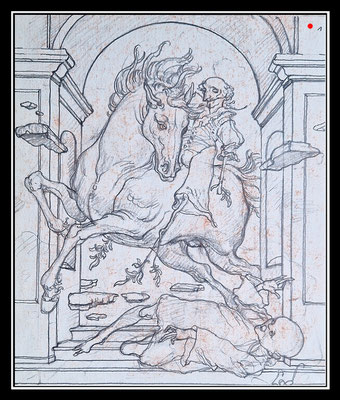 "Münchhausens ewiger Gaul" (Bleistiftentwurf für eine Radierung) 25cmx21cm,(mit Arbeitsspuren) 1987, VERKAUFT