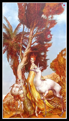 "Die Lehre des Einhorns"   80x45cm, Öl/MP, 1992 -  VERKAUFT
