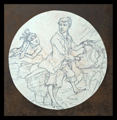 "Strandstück" (Bleistiftentwurf für ein Gemälde) Durchmesser 29cm,(mit Arbeitsspuren) 80er Jahre - 400,- EUR