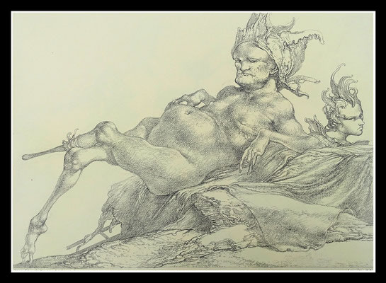 "John L. Silver als Herakles bei Omphale" 45x60cm, Graphit/Bütten, 1991 - Preis auf Anfrage