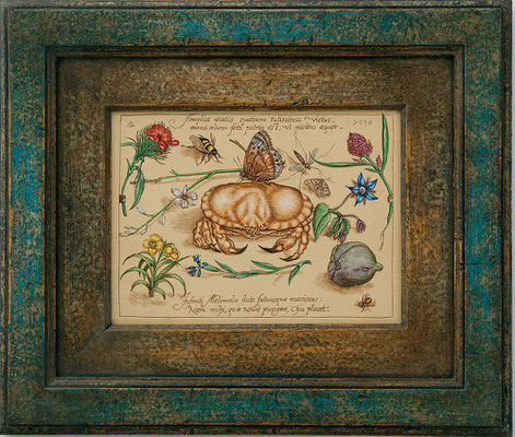 "Hommage an Joris Hoefnagel (III 8)"   16x21cm, Mischtechnik/Holz, 2018 -  Preis auf Anfrage