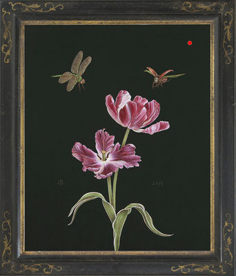 "Tulpen mit Insekten" 33x50cm, Mischtechnik/Malplatte, 2019 -  VERKAUFT