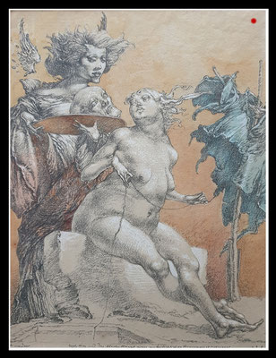 "Engel, Hexe und das bleiche Haupt eines unbestechlichen Vermessungsingenieurs" 34x26cm, Aquarell und Graphit/Bütten, 1986 - "VERKAUFT"