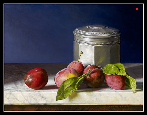 "Pflaumenschatulle" 25x32cm, Öl/Malplatte, 2021 - VERKAUFT