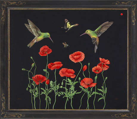 "Kolibris im Mohn" 60x70cm, Mischtechnik/Malplatte, 2021 -  VERKAUFT
