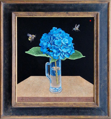 "Hortensienglas" 50x45cm, Mischtechnik/Malplatte, 2021 - VERKAUFT