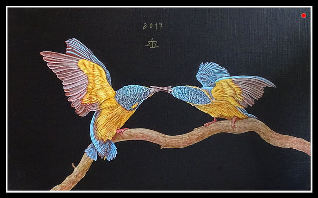 "Eisvögel"   25x40cm, Mischtechnik/Malplatte, 2017 -  VERKAUFT