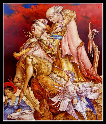 "Don Quijote ersticht Sancho Pansa und nimmt ihm die Kleider" 60x50cm, Öl/Malplatte, 1999 - VERKAUFT