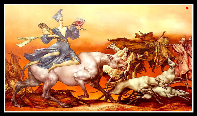 "Gesindel mit Puppe und Panther"   75x130cm, Öl/Leinwand, 1991 -  VERKAUFT