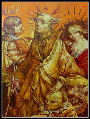 "Ein Gedränge von Nothelfern vor Goldgrund - ein artiges Engelchen beigegeben"  80x60cm, Öl/Hartfaser, 2002 -VERKAUFT
