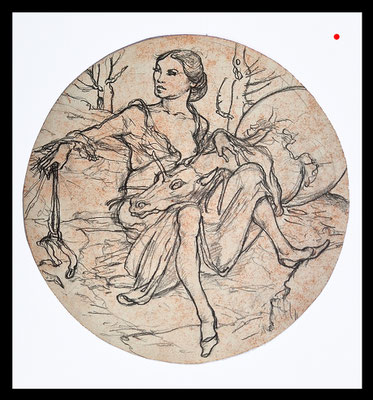 "Fräulein mit Einhorn" (Bleistiftentwurf für ein Gemälde) 21cm, o.J.(mit Arbeitsspuren) - VERKAUFT