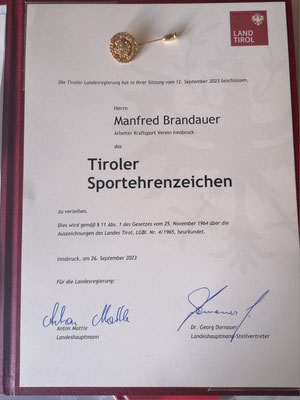 Tiroler Sportehrenzeichen für Brandauer Manfred (AK Innsbruck)