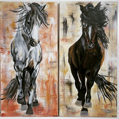 "Pferde metallic Schimmel und Dunkelbrauner" Acrylfarbe jeweils auf 40x80 cm Keilrahmen