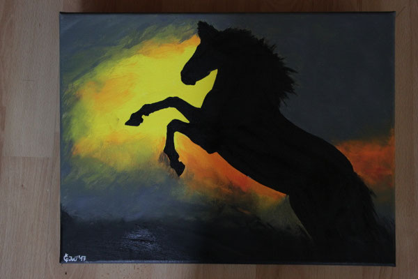 "Pferd Silhouette im Sonnenuntergang" Acrylfarbe auf 30x40 cm Keilrahmen